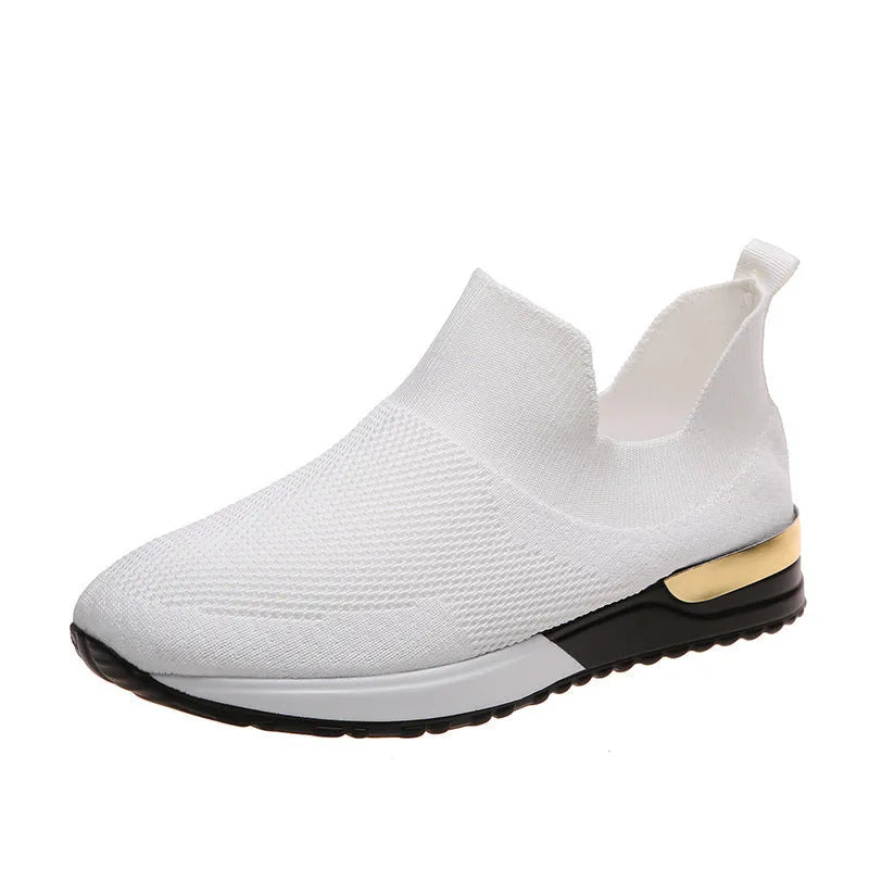 Breathable fly woven mesh running shoes with soft flat rubber sole in white, red, black, beige, gray, and pink