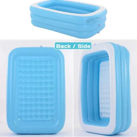 Blue and white rectangular inflatable PVC swimming pool 150cm by 110cm by 50cm for outdoor garden use
