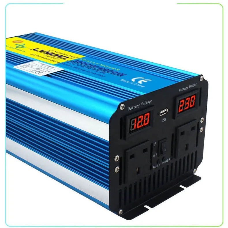 Blue 3000W pure sine wave power inverter with digital displays and UK socket