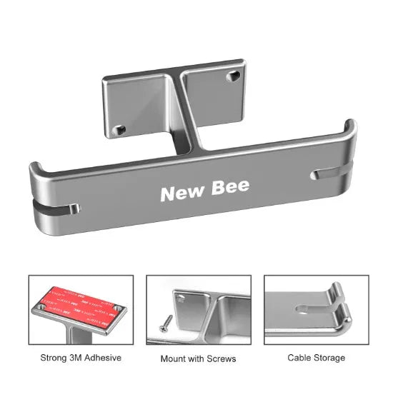 Under desk dual headphone hanger in aluminium alloy, 10 x 2.8 x 4.5cm, black or silver, holding two headphones.