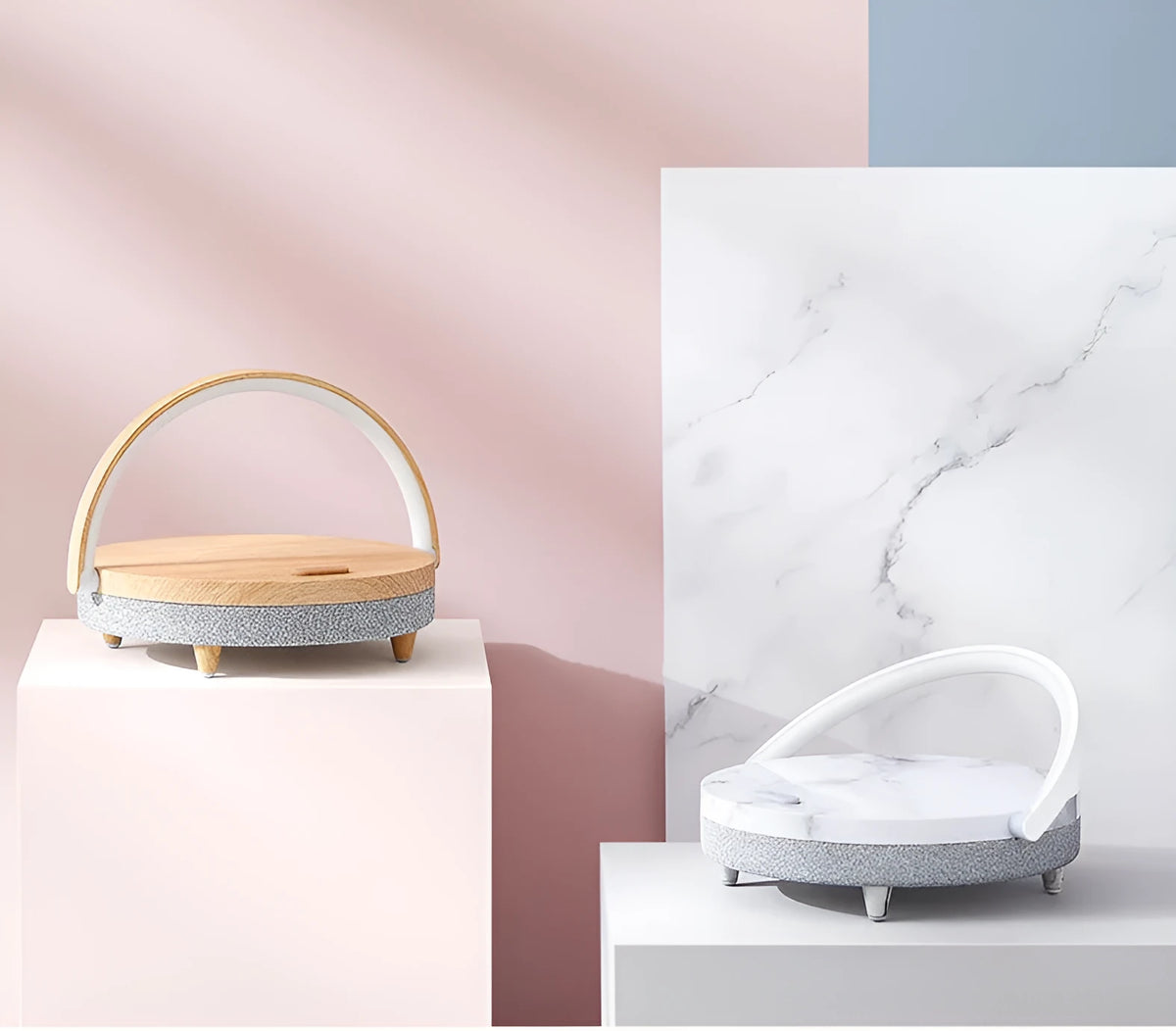 Multi-function wireless charging night light in marbling finish with touch switch and Bluetooth speaker