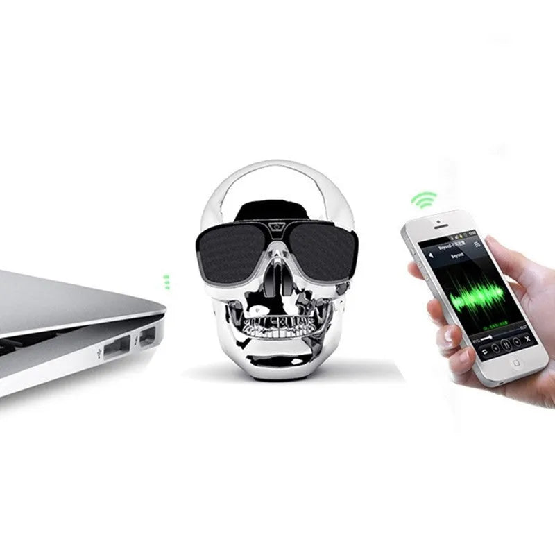 Limited Edition Skull-themed portable Bluetooth speaker in choice of six colours on a table.