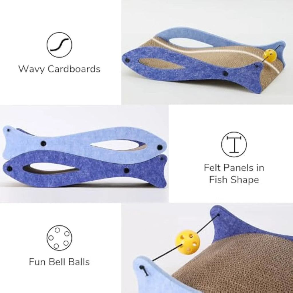 Blue fish-shaped cardboard cat scratcher pad with a red bell toy attached