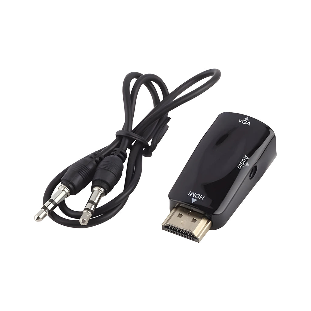 HDMI to VGA adapter converter in black and white showing compact dimensions for laptop and monitor connections
