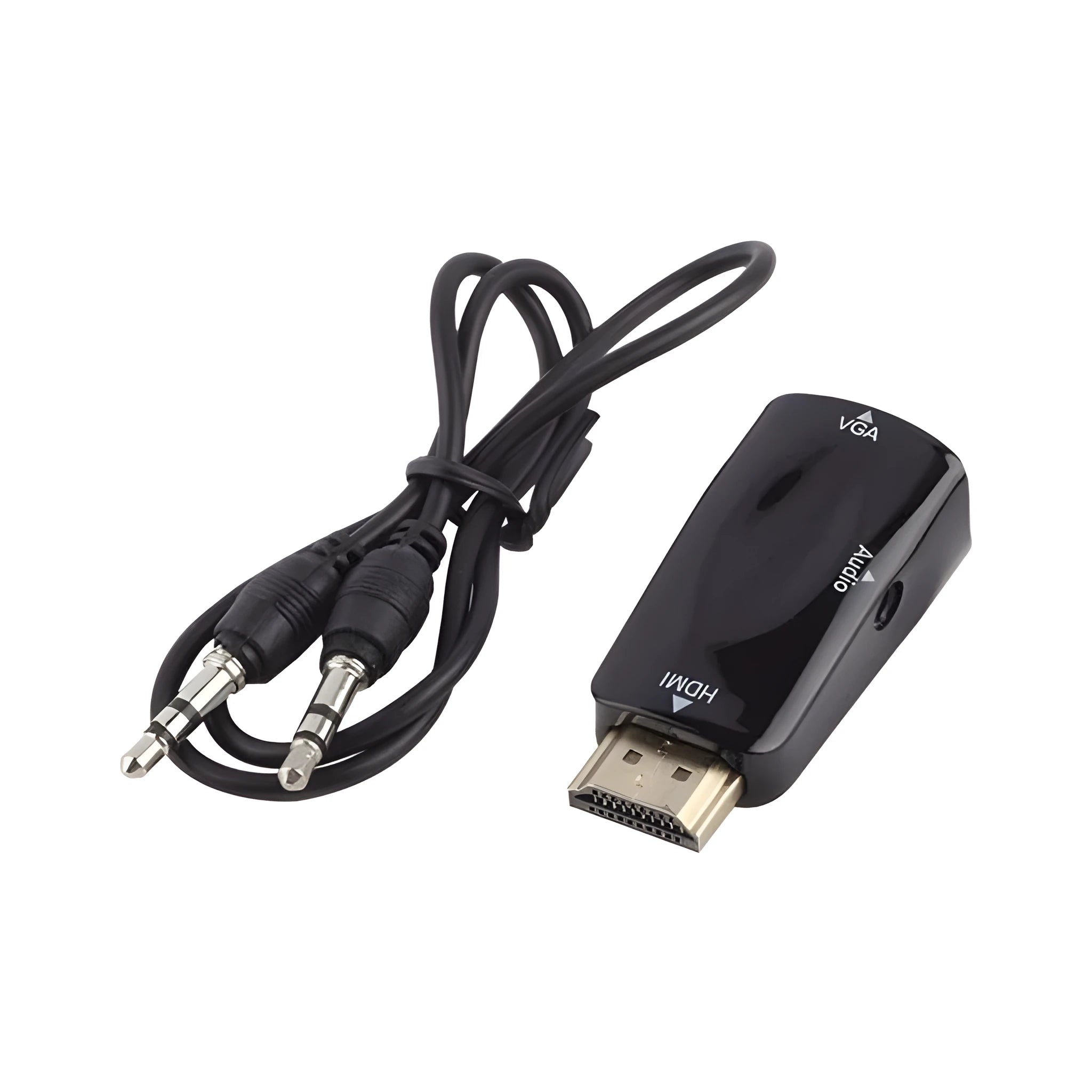 HDMI to VGA adapter converter in black and white showing compact dimensions for laptop and monitor connections
