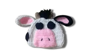 Hand-knitted white baby cow suit set with matching hat and pants for newborn infants