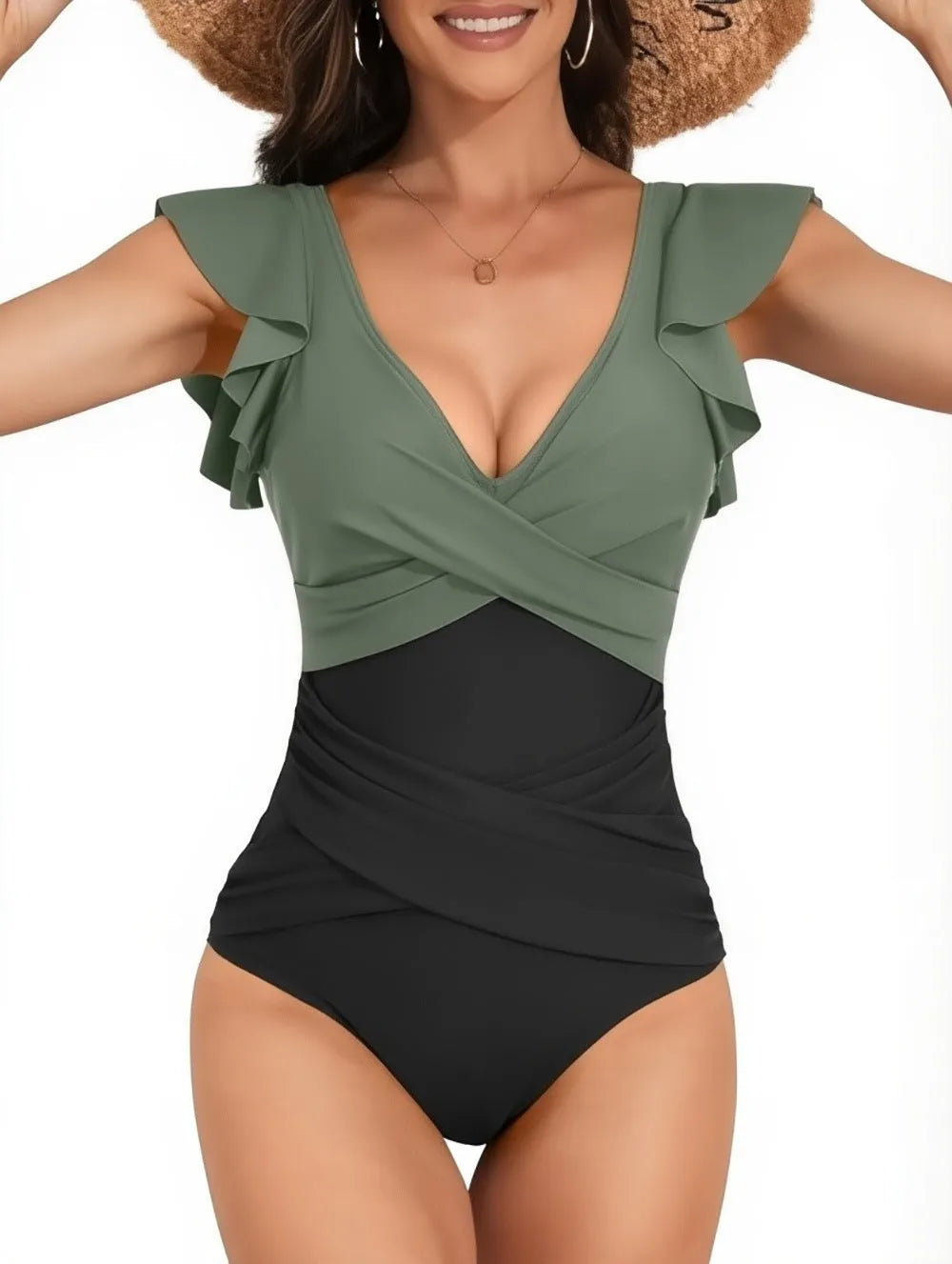 V-neck lotus leaf flying high waist backless one piece swimsuit in colour matching pattern, nylon fabric