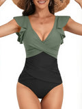 V-neck lotus leaf flying high waist backless one piece swimsuit in colour matching pattern, nylon fabric