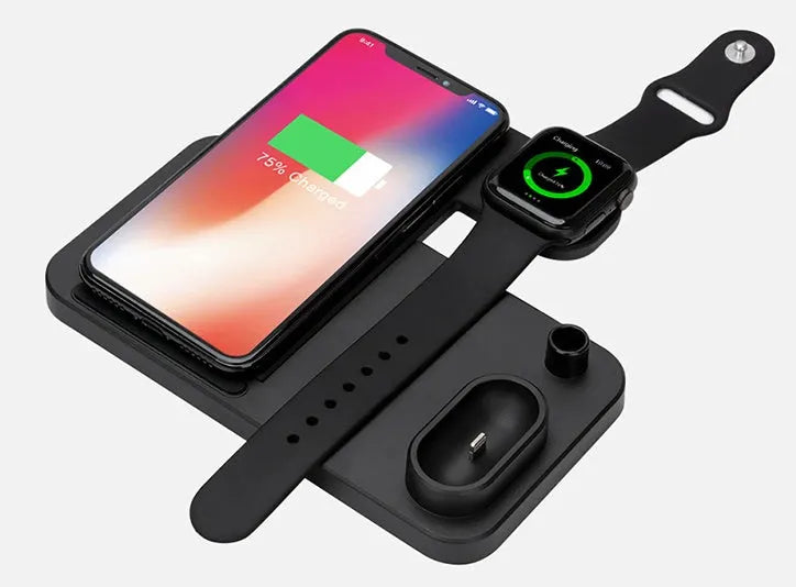 Black 4-in-1 wireless charging station with phone on adjustable stand, charging Apple Watch, AirPods, and Apple Pencil.