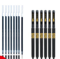 Set of eight black gel pens with anti-fatigue grips, showing bullet and needle tip options.
