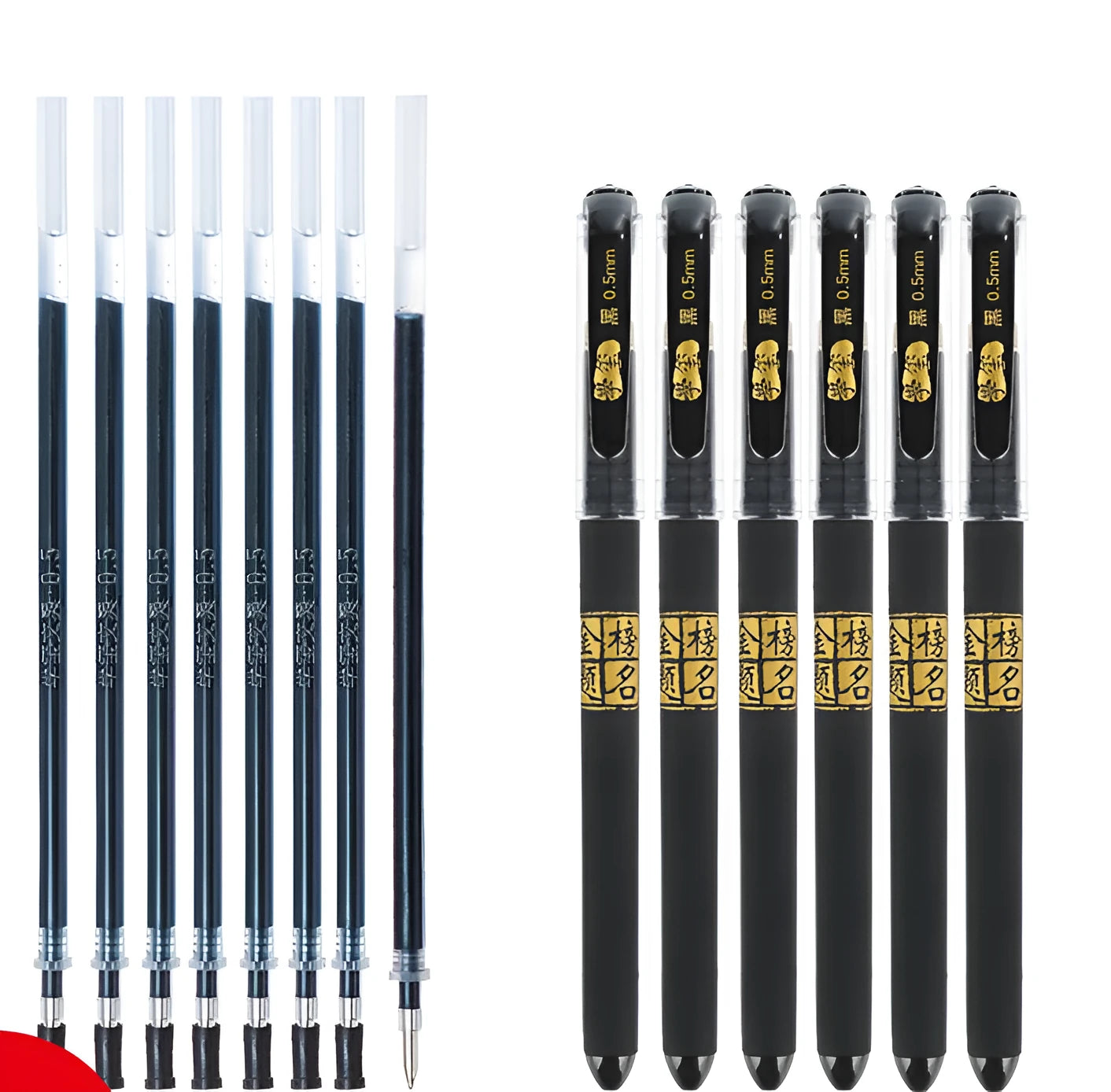 Set of eight black gel pens with anti-fatigue grips, showing bullet and needle tip options.