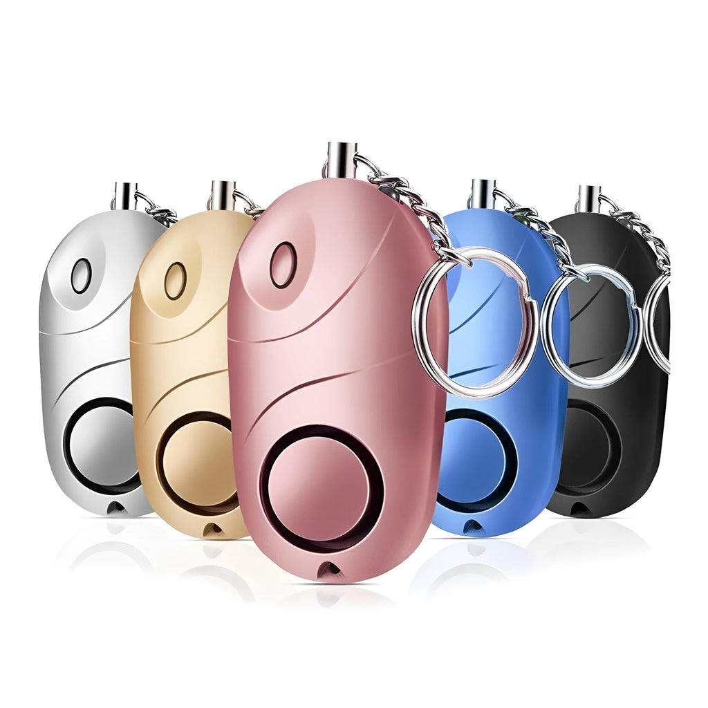 High decibel personal alarm pager keyring with 130dB siren, LED flashlight, and lanyard activation in black.