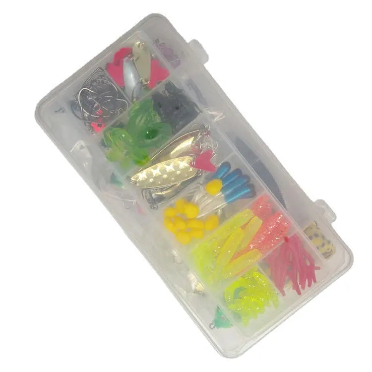 142-piece fishing lure set showing hard mino lures, sequins, fishhooks, and fishing pliers arranged together