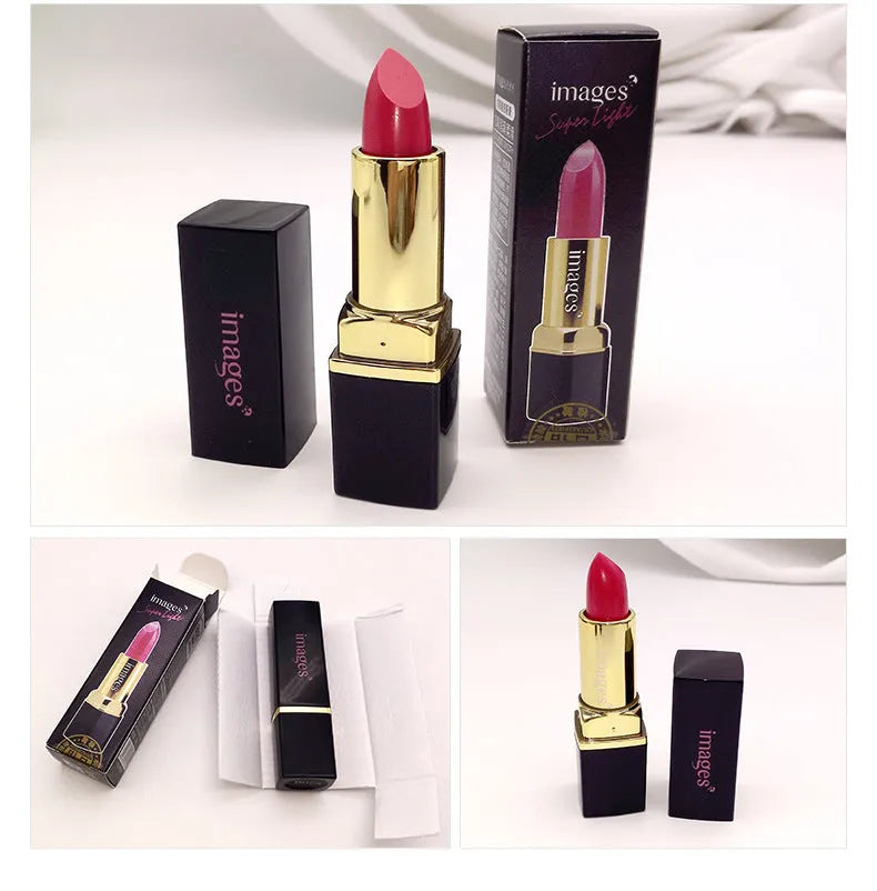 Moisturising lipstick lip gloss in a case, shown in multiple colours including coral red and pink.