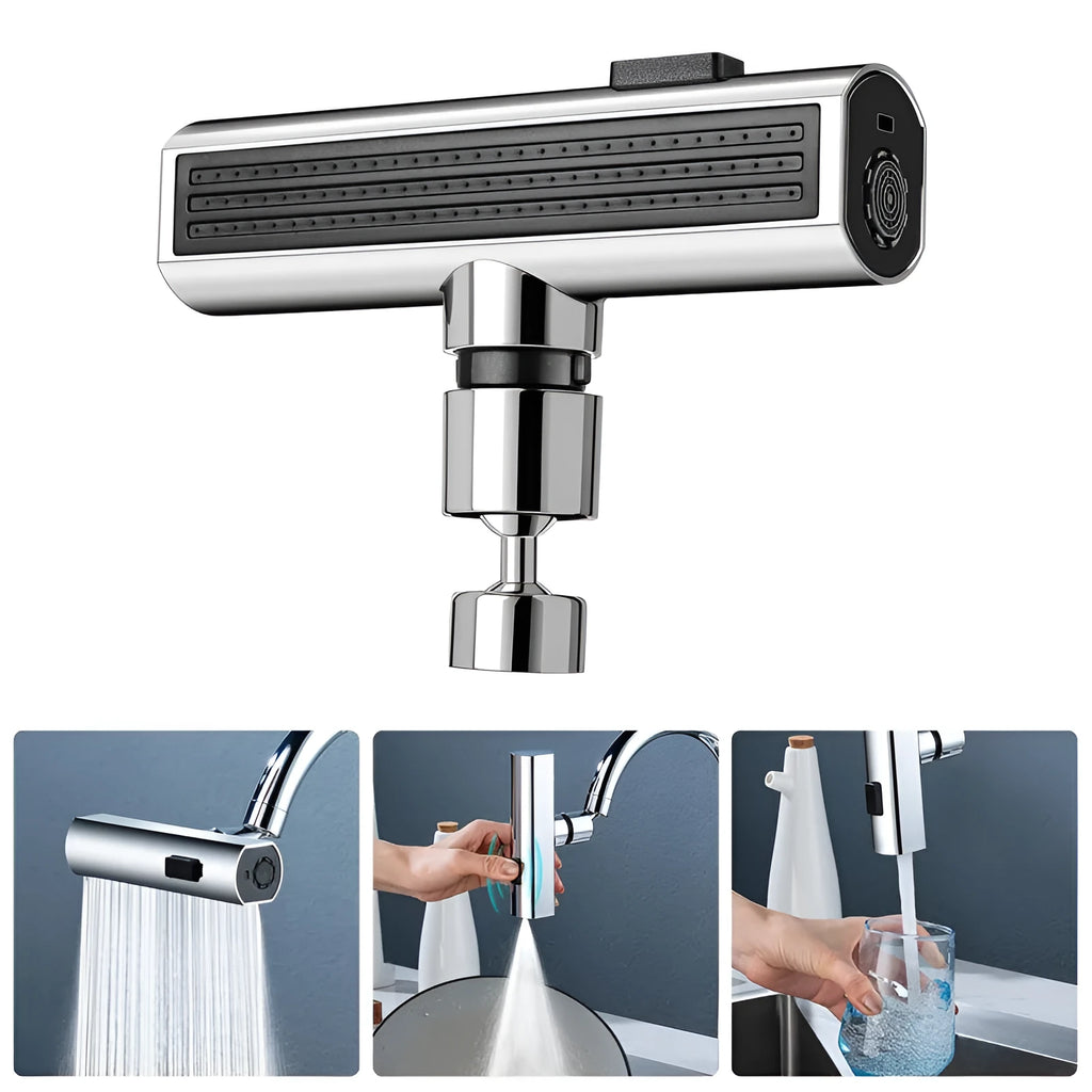 Brushed nickel kitchen faucet connector with pull-down sprayer, showing waterfall water flow mode.