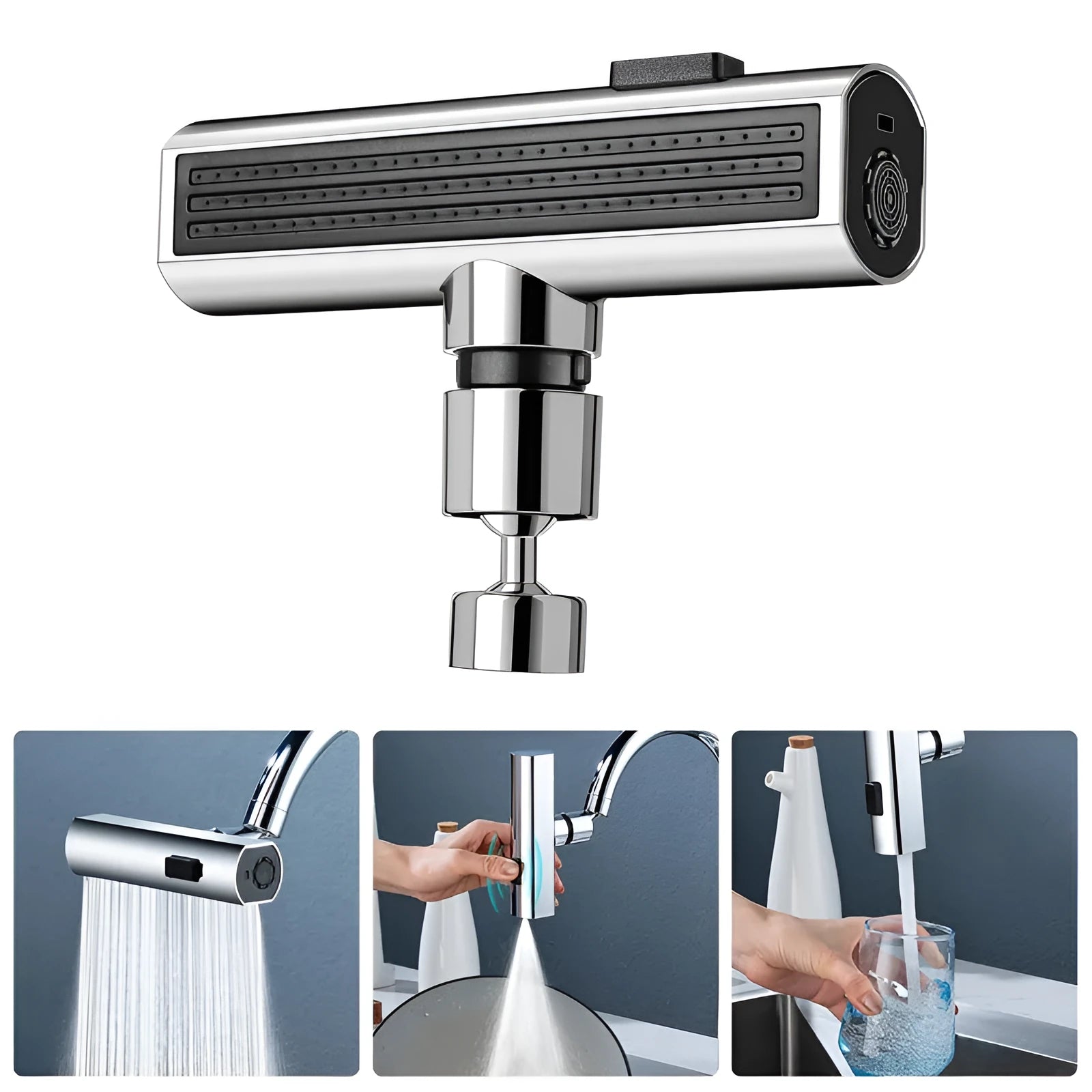 Brushed nickel kitchen faucet connector with pull-down sprayer, showing waterfall water flow mode.