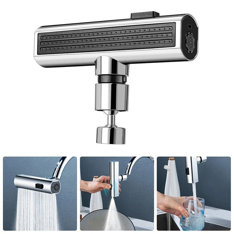 Premium waterfall kitchen faucet with brushed nickel finish, high-arc design, and versatile 3-in-1 water flow modes for efficient cleaning and rinsing.