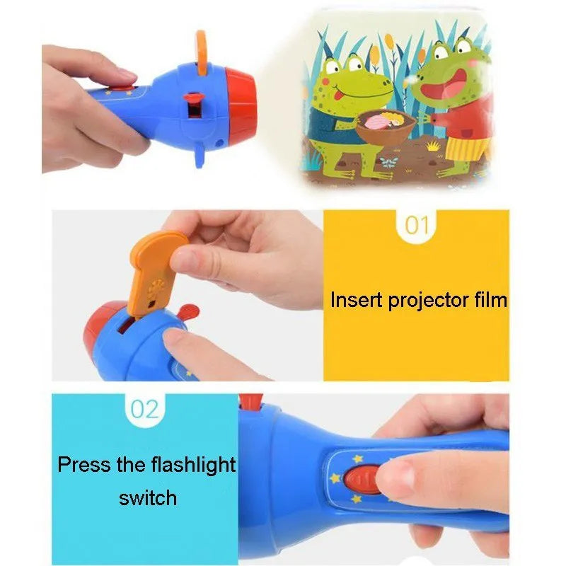 SmartKids children's story projector torch with four fairy tale discs projecting images on bedroom wall