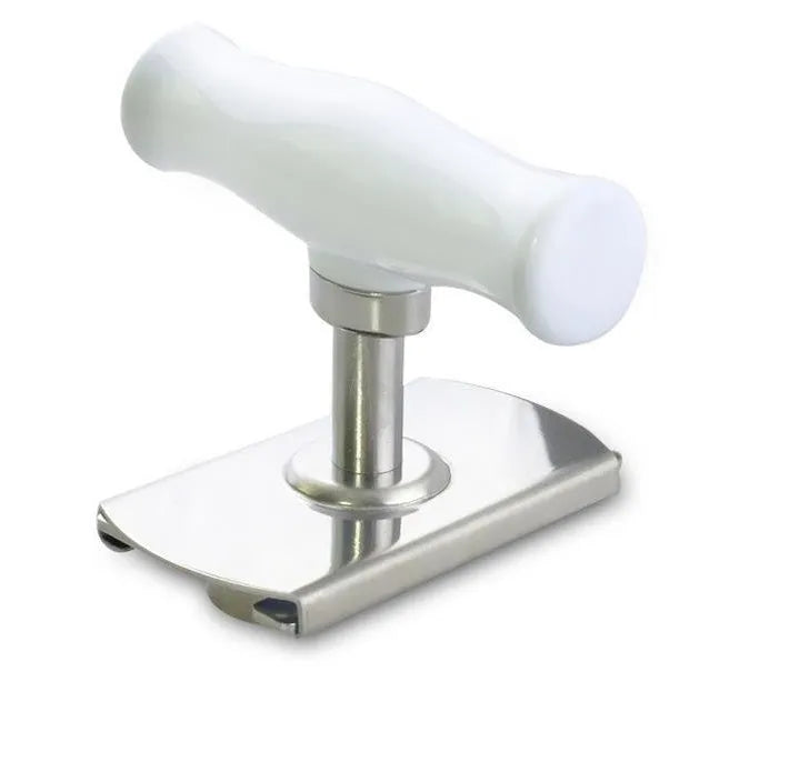 White adjustable stainless steel bottle opener with gear mechanism and PP handle on a plain background.