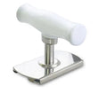 White adjustable stainless steel bottle opener with gear mechanism and PP handle on a plain background.