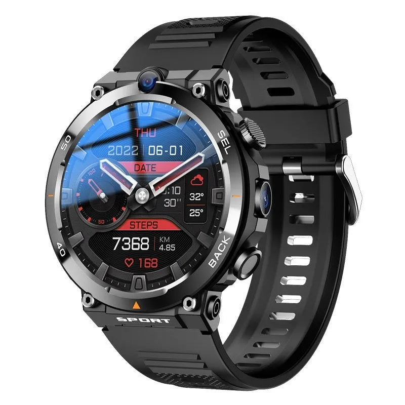 Multi-functional sports smartwatch with dual cameras on wrist, showing touch screen interface.