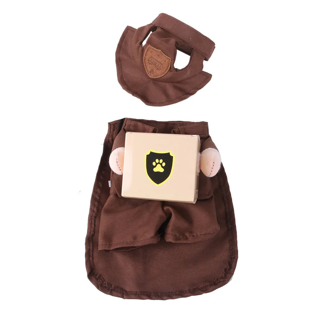 Coffee-coloured courier uniform style dog clothing on a pet, showing the polyester fabric and full outfit design.