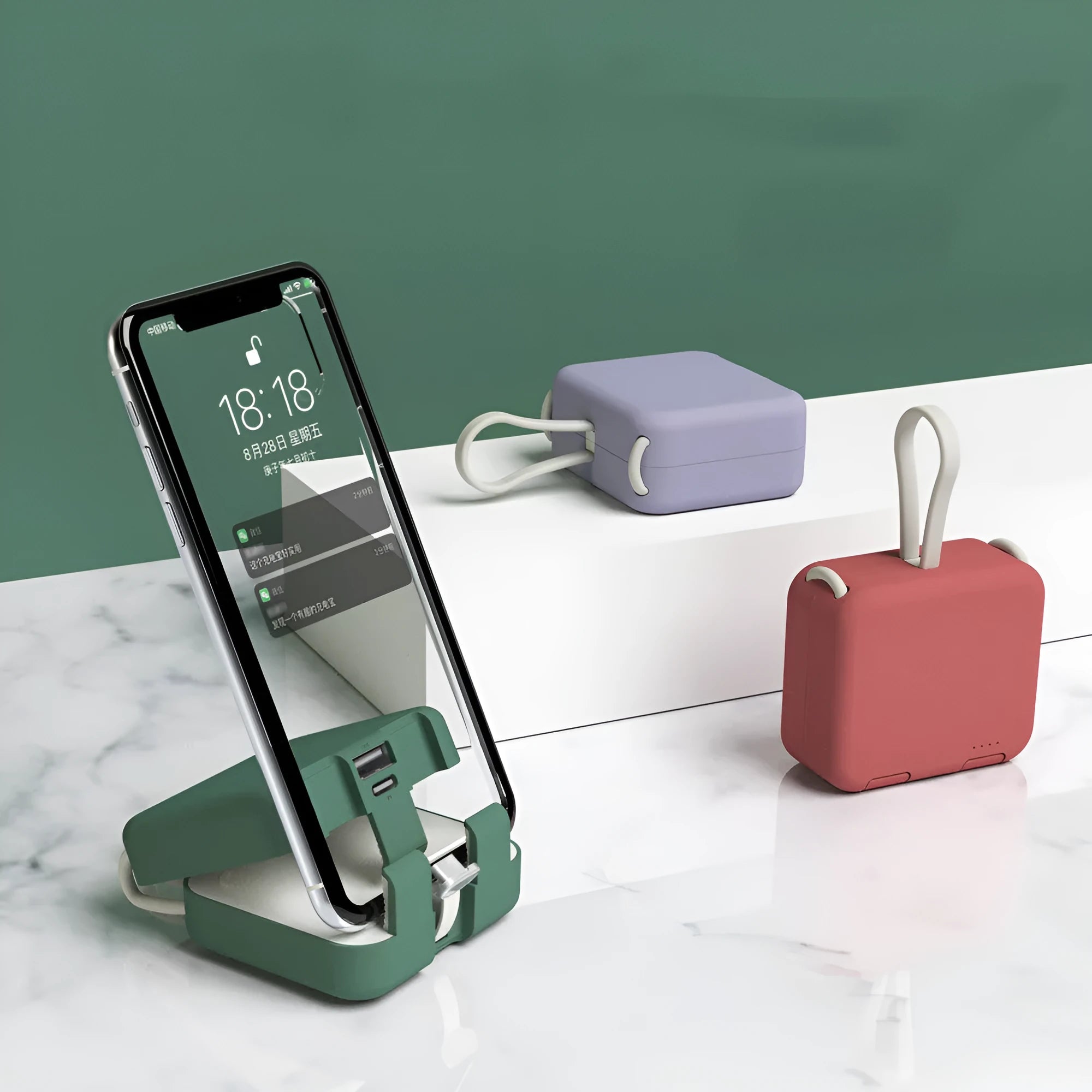 Handbag clip power bank in blue with mobile phone stand function showing charging ports