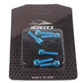 Set of six coloured stainless steel screws for mountain bike handlebar riser clamps on a card.