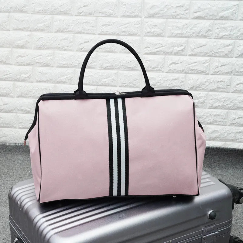 Large capacity striped travel gym bag with single shoulder, slant span, and portable carry, medium 44cm or large 50cm