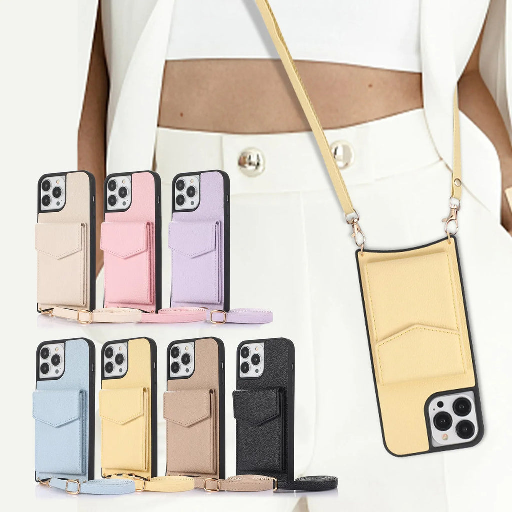 TPU leather iPhone mobile phone case with an inclined straddle and plug-in fishtail design in solid colour.