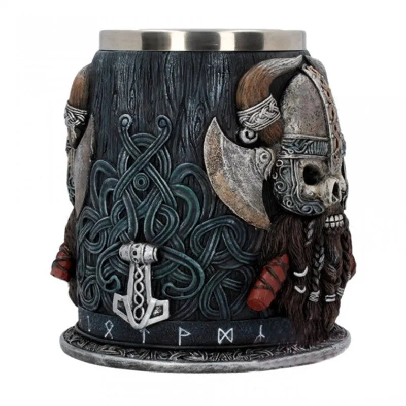 Viking Pirate Beer Mug hand-painted black resin with removable stainless steel insert, runic base and Mjolnir handle