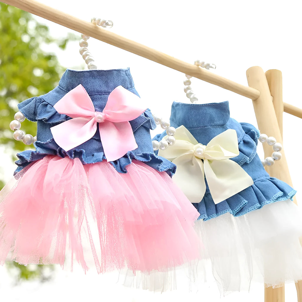 Korean princess style denim pet skirt with creative bow design for dogs
