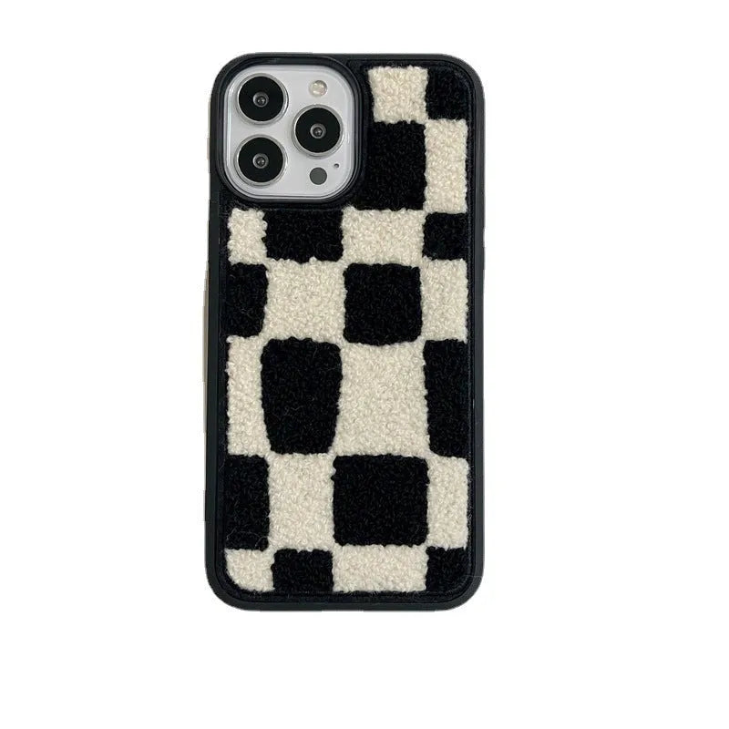 Black and white lattice silicone back cover for Apple iPhone, protective case on a white background
