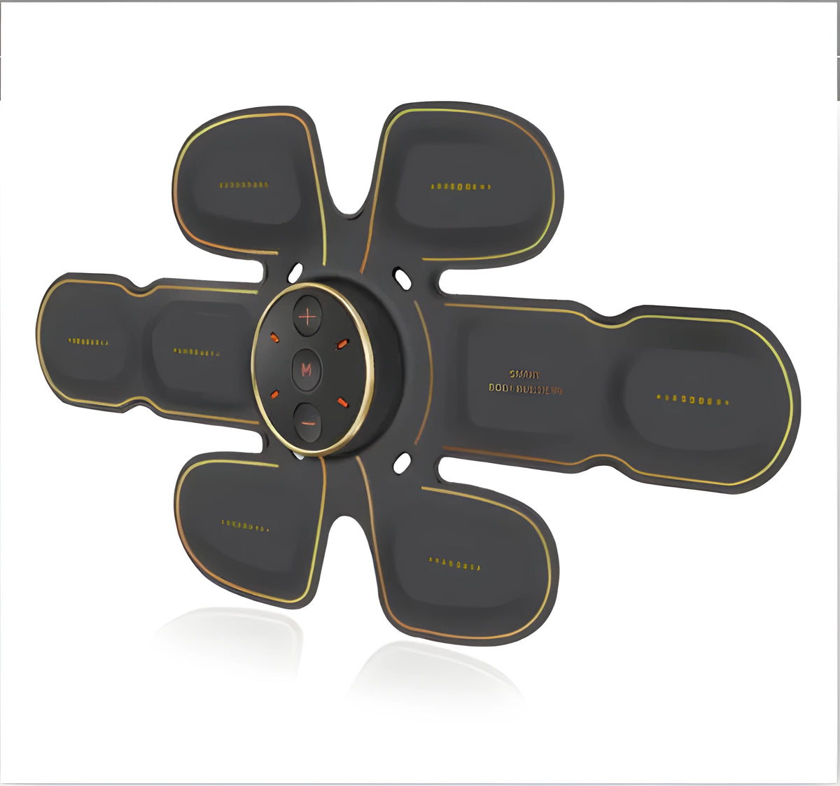 Smart EMS abdominal trainer in black with app control, eight massage modes, and USB charging for home ab workouts