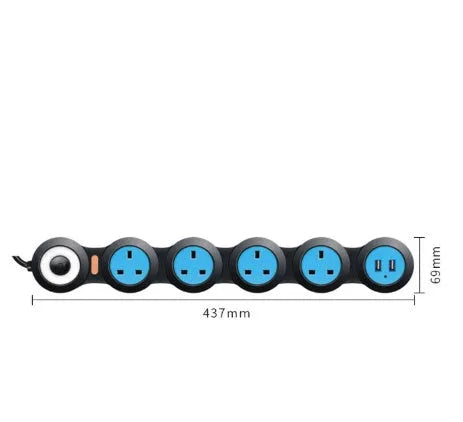 White and black UK 5-gang power strip with USB ports and a long cable.
