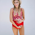 Pregnant women high waist swimwear in red with matching swim trunks, stretch fabric maternity swimsuit set