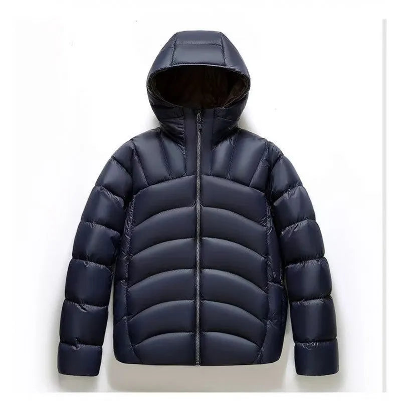 Unisex hooded down jacket in solid colour with 86-90% down fill, shown in five colour options and sizes S to 4XL