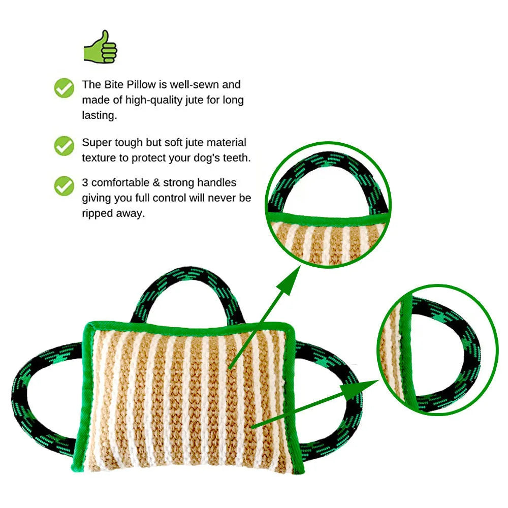 Colourful dog tug toy with a jute bite pillow centre and three rope handles.