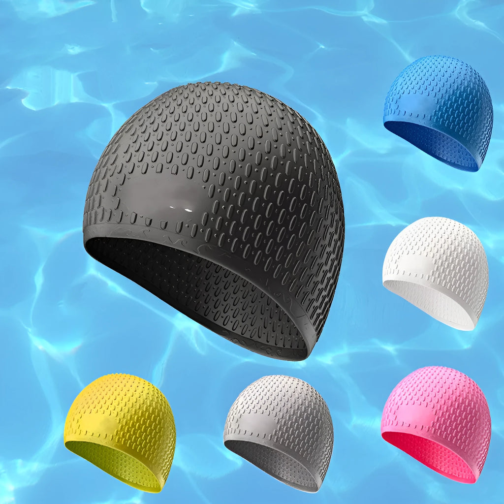 Solid colour silicone swimming cap with water drop design for adult swimmers