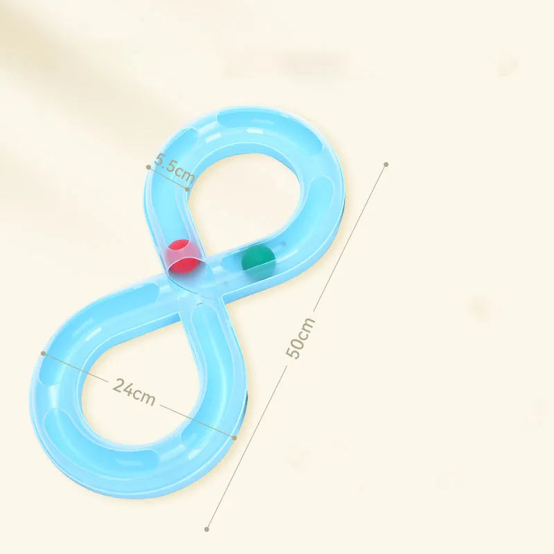 Blue and white cat turntable toy with track ball and teasing stick for indoor feline entertainment