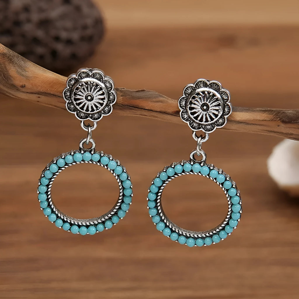 Geometric round turquoise drop earrings in antique silver alloy for women, size 2.2 cm by 4.2 cm