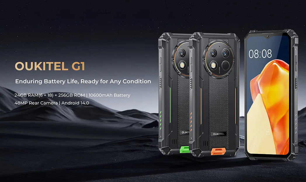 OUKITEL G1 mobile phone in green, grey, or orange colour with charger and manual