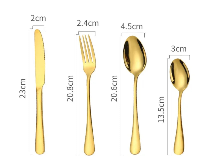 Stainless steel tableware 24 piece set showing table knives, forks, and spoons in multiple colour options