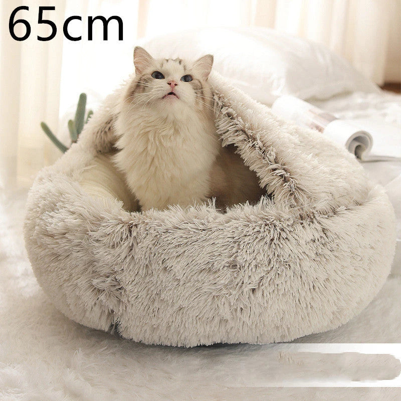 A soft, plush pet bed in various colors, including olive green, brown, pink, and grey, designed for the comfort and relaxation of cats and dogs.