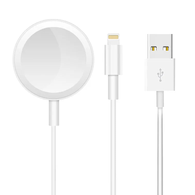 White two-in-one wireless watch charger with USB connection port