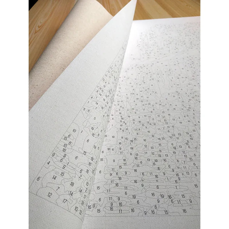 40x50cm landscape paint by numbers kit showing printed linen canvas and set of acrylic paints