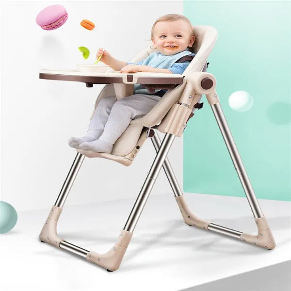 Sky blue portable baby chair for toddlers on a wooden floor.