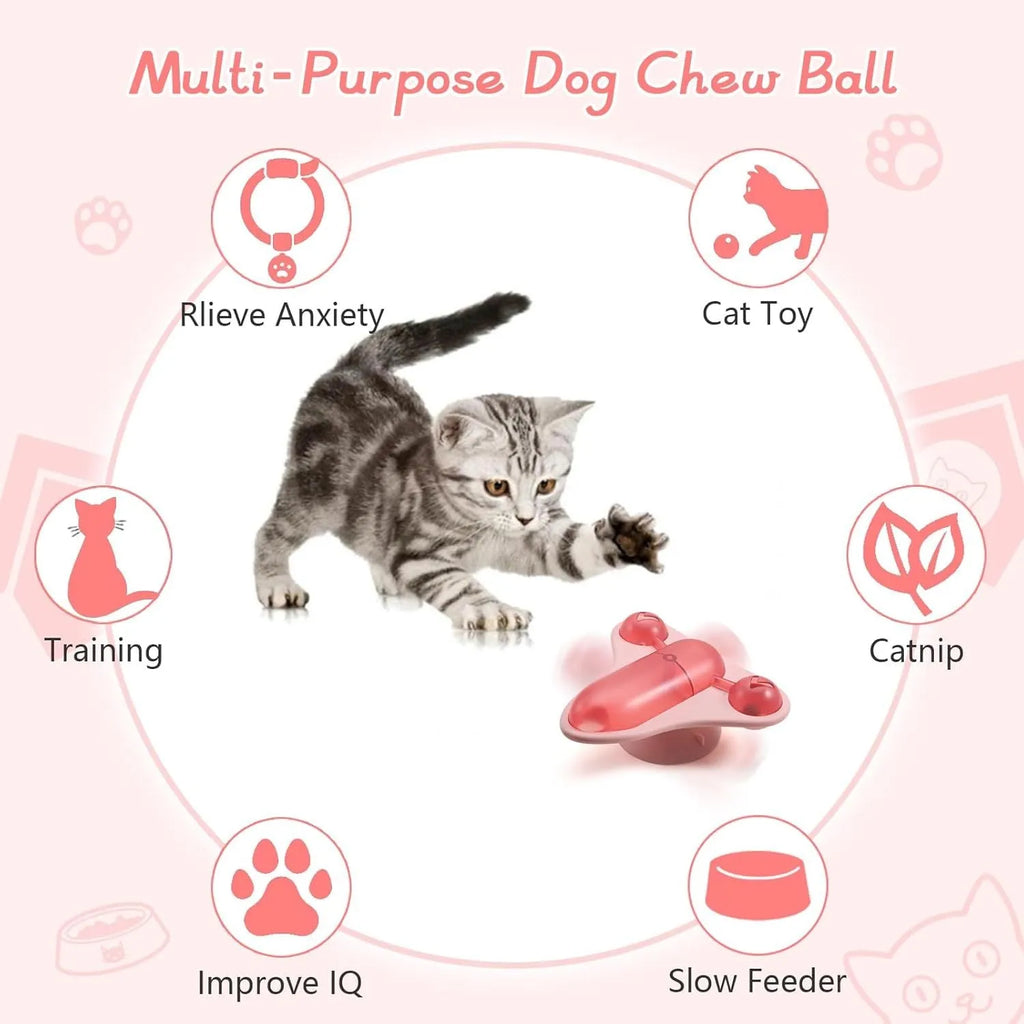 Blue interactive pet puzzle feeder toy with snack cabin, bell, and catnip on a suction cup base.