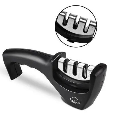 Diamond tungsten steel knife sharpening tool with dismantleable black ABS plastic body.