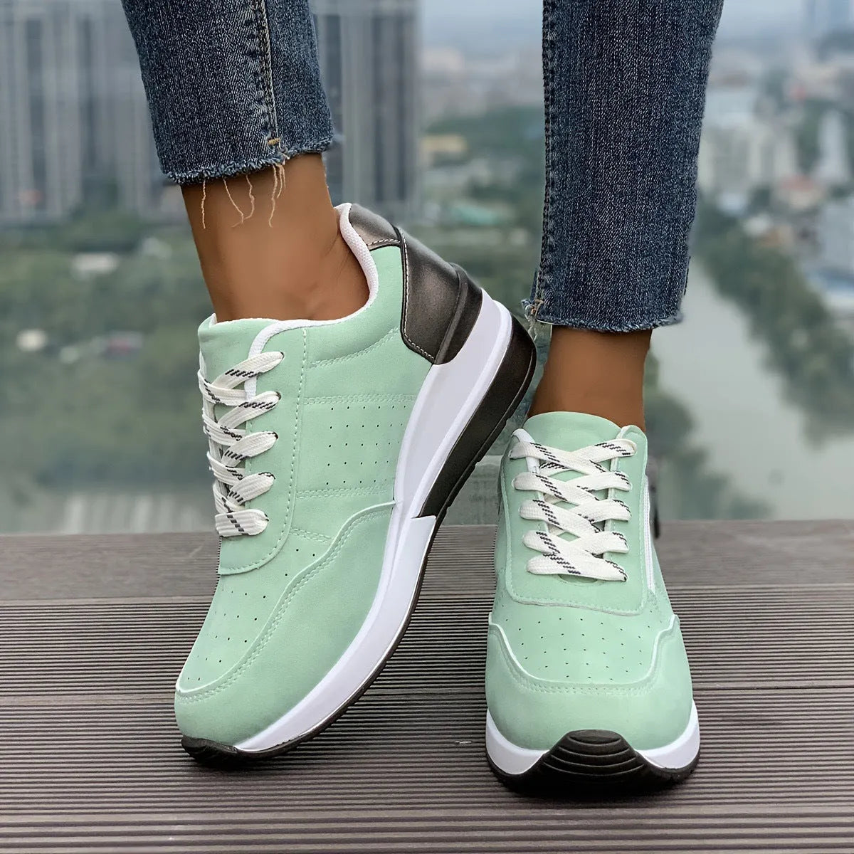 Women's casual sneakers thick sole synthetic leather upper EVA outsole black colour side view